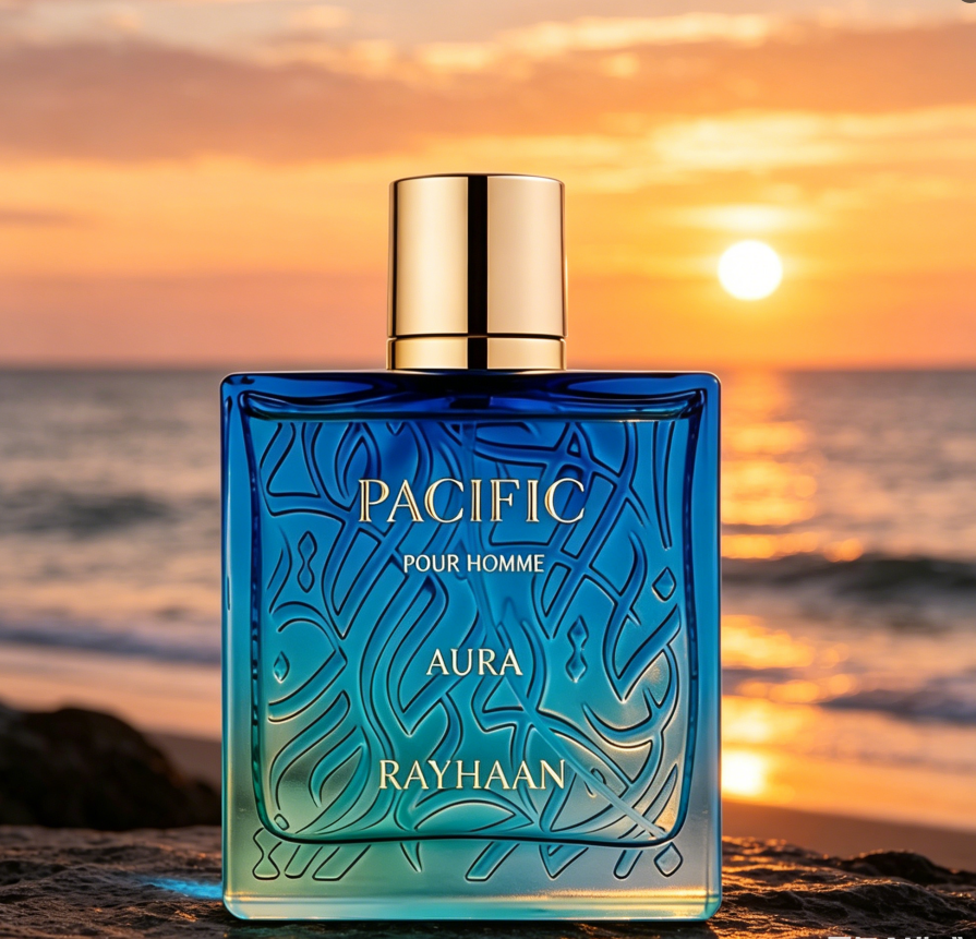 Rayhaan Pacific Aura Pour Homme Herenparfum, aquatische citrusgeur, 3.4oz/100ml, fles met geleidelijk blauwgroene golfpatroon, visueel gevoel van zeebries.
