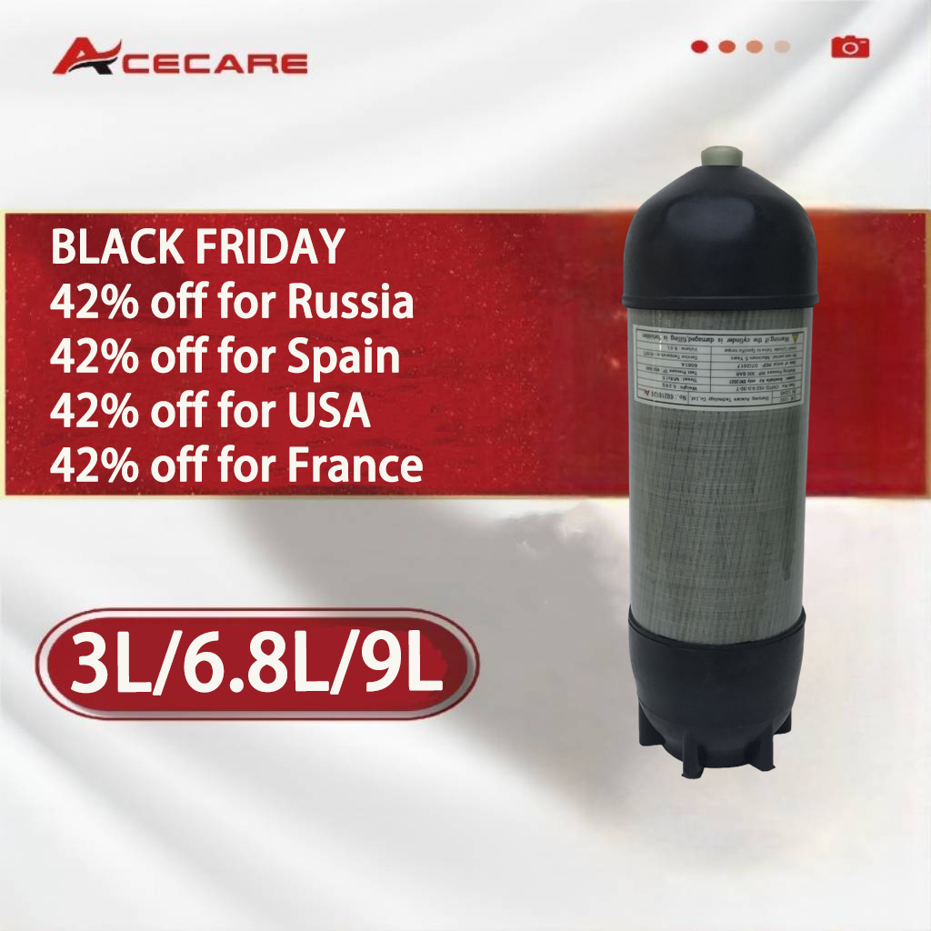 ACECARE-cilindro de fibra de carbono con botas de protección de goma, tanque de aire de buceo Scba, 300Bar, 4500Psi, 30Mpa, 9L, ce, HPA, M18 x 1,5