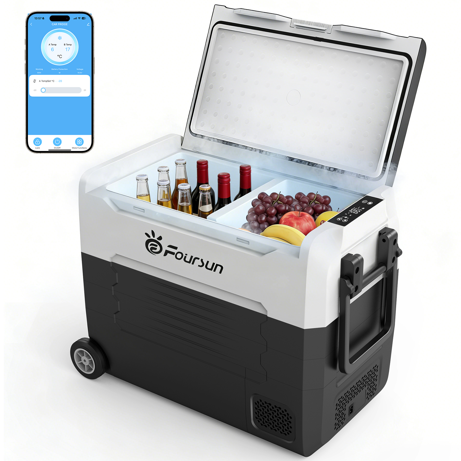 Nevera Portátil de Doble Zona Foursun de 35L/45L/55L con Compresor, Control por Aplicación Bluetooth, Modo ECO y Portavasos, para Camping, Viajes, Hogar, DC 12V/24V y AC 100-240V