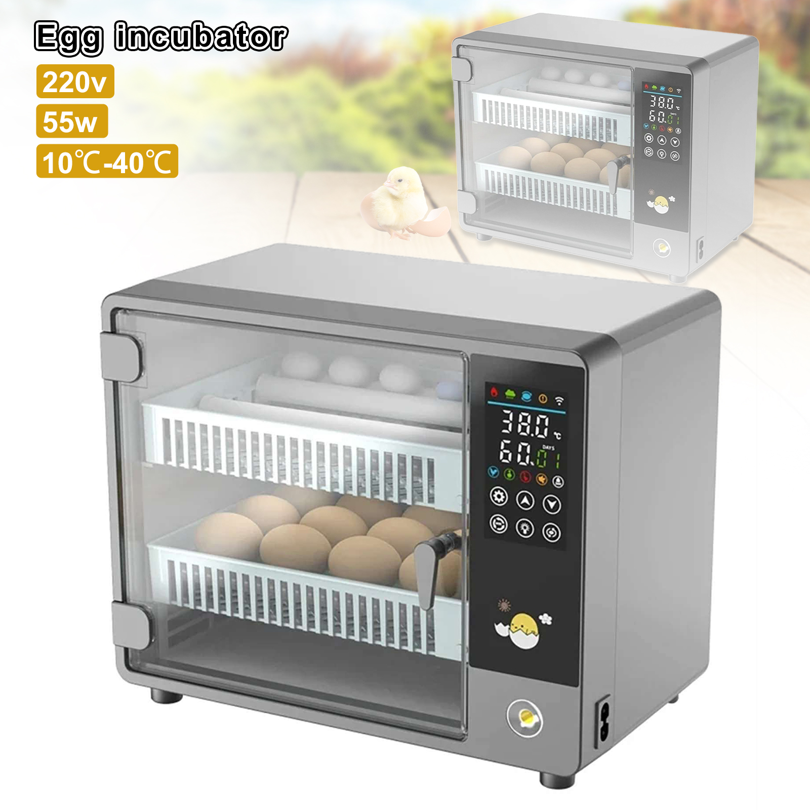 Incubadora doméstica totalmente automática de 24 huevos con volteador automático tipo cajonera, pantalla táctil, Control de temperatura, vela de huevo integrada