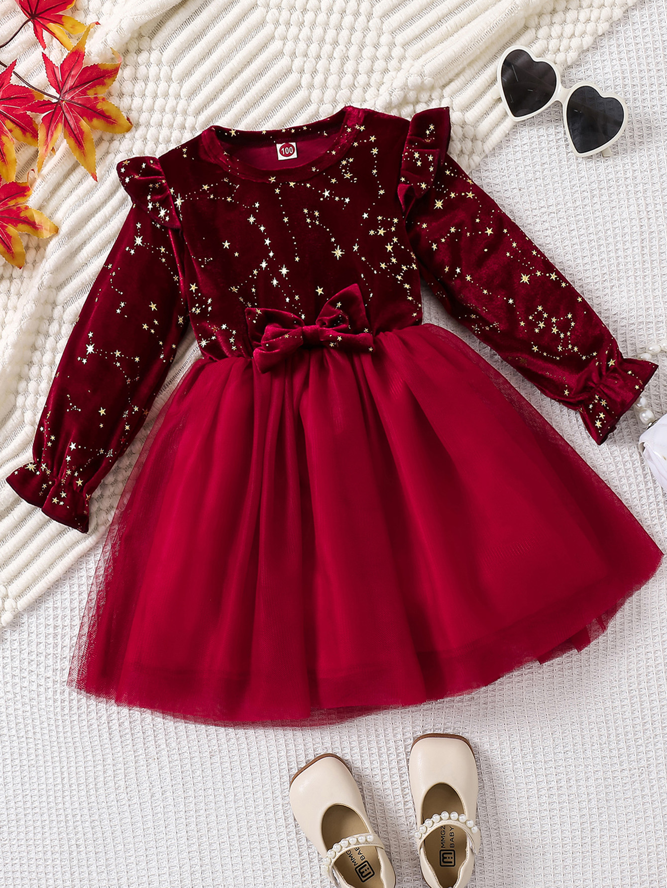 Vestido de festa infantil para meninas, outono inverno, 1-8 anos, natal e ano novo, vestido de princesa, vestido de veludo vermelho, estrelas, vestido de malha