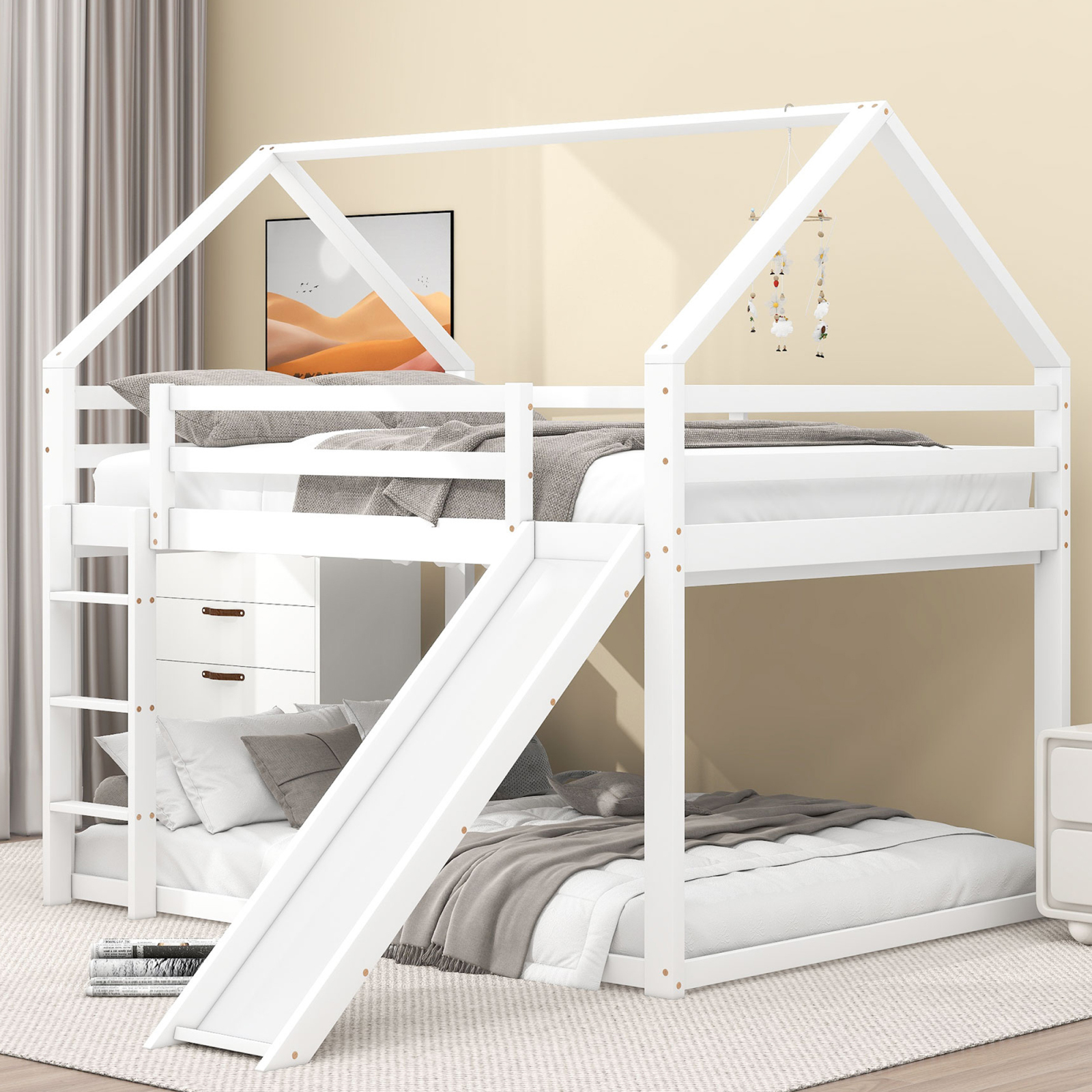 140x200cm Doppelbett Kinderbett Hausbett Etagenbett mit Rutsche und Leiter, Kinderzimmer hohes Doppelstapelbett, weiß