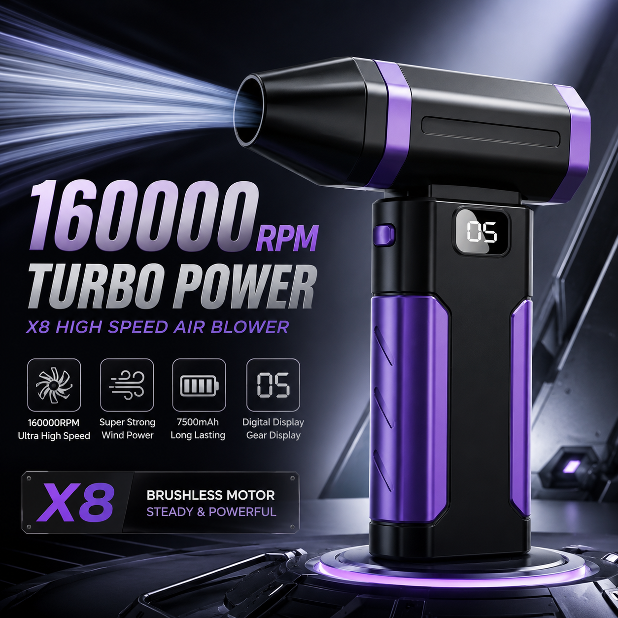 Potente Soplador de Polvo X8, Motor sin Escobillas de 160000 RPM, Soplador de Aire para Exteriores, Recargable Tipo-C, Ventilador Turbo para Limpieza de PC