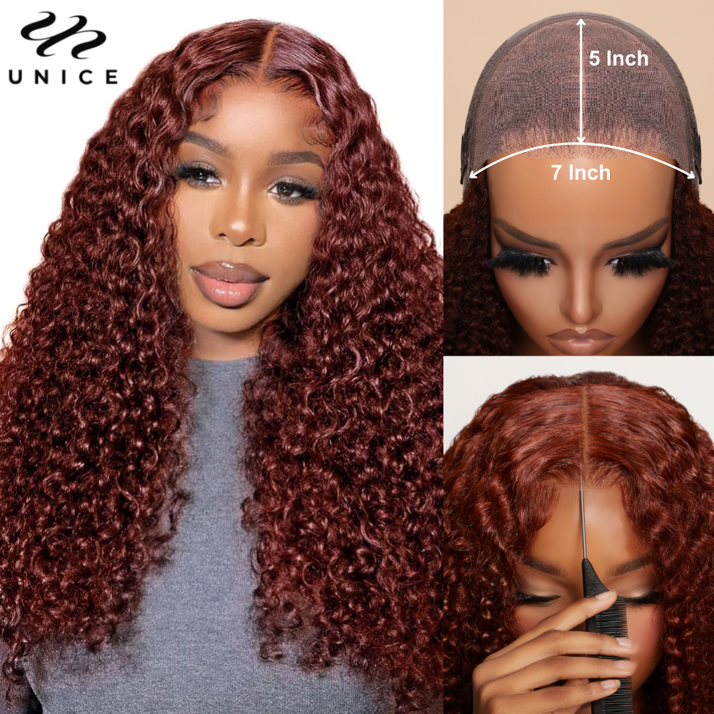 Unice cabelo marrom avermelhado peruca encaracolado com cordão invisível 7x5 renda pré-corte pré-desvanizado peruca sem cola cabelo humano 150% densidade