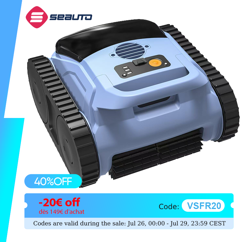 Aspirateur de piscine Seauto SAT20, 150 minutes d'autonomie, pour piscines jusqu'à 2000 pieds carrés, aspiration puissante de 45 000 Pa, fonction de grimpement mural pour piscines hors sol/encastrées.