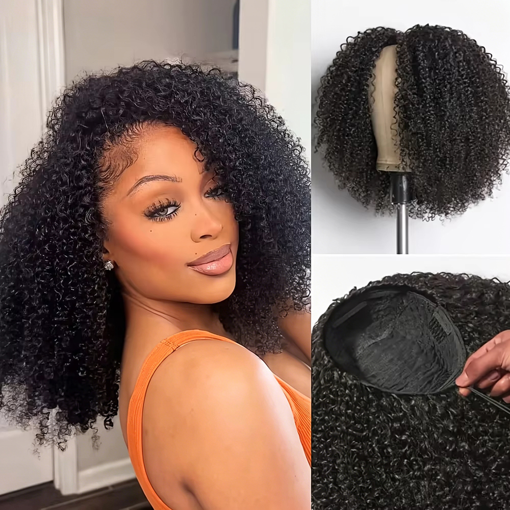 Peruki z ludzkich włosów o wysokiej gęstości 300%, 16-18 cali, bezklejowe, afro kinky curly, peruka z opaską, ulepszona peruka 3 w 1, półperuka ze sznurkiem, bezszwowe doczepiane klipsy, peruka z opaską do noszenia na wodnej fali, do noszenia od razu, pół