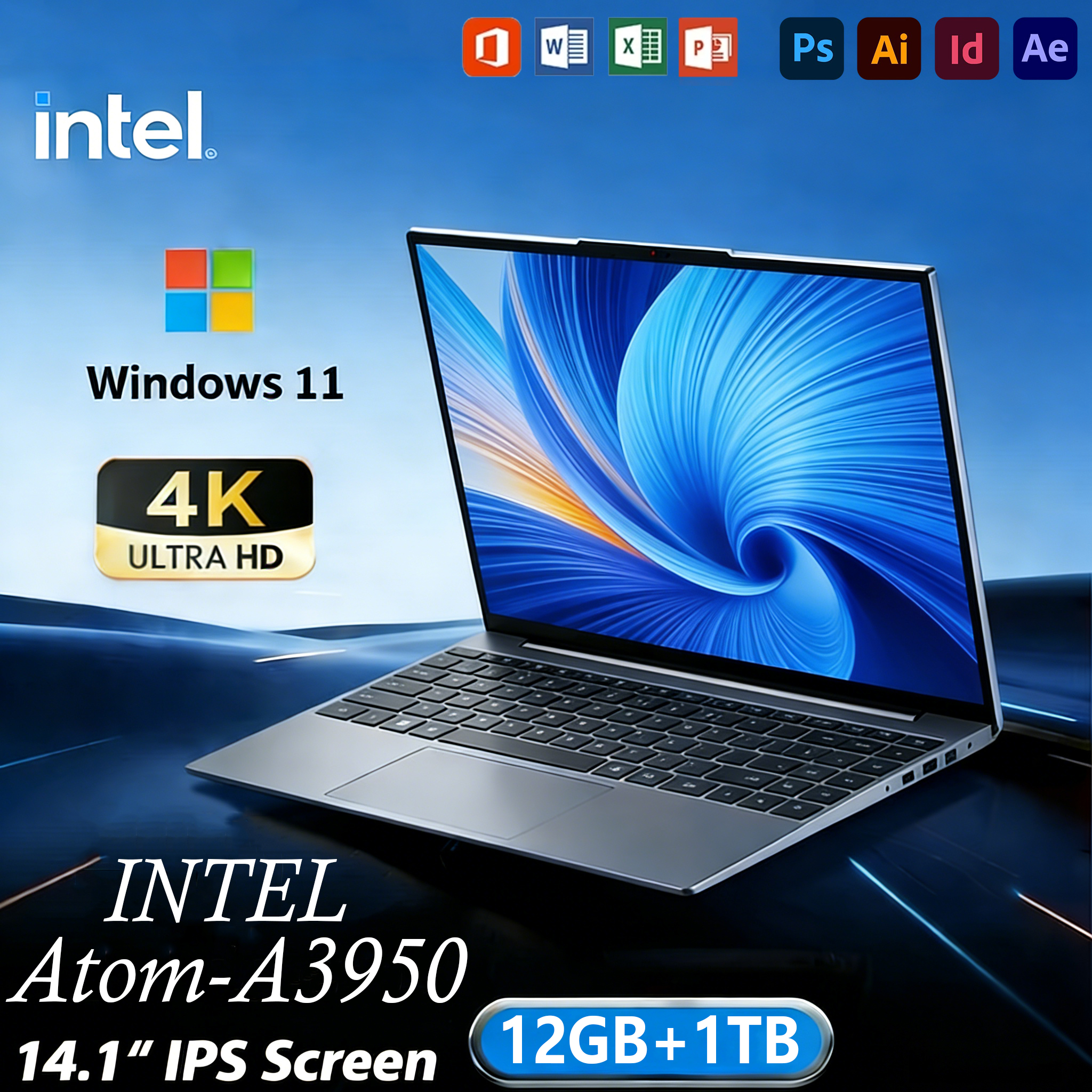 2026 14,1 inch Windows 11 Notebook PC Intel Atom A3950 Laptop Computer 12GB RAM 2TB SSD 1920*1080P Office Notebook PC Studie Laptop