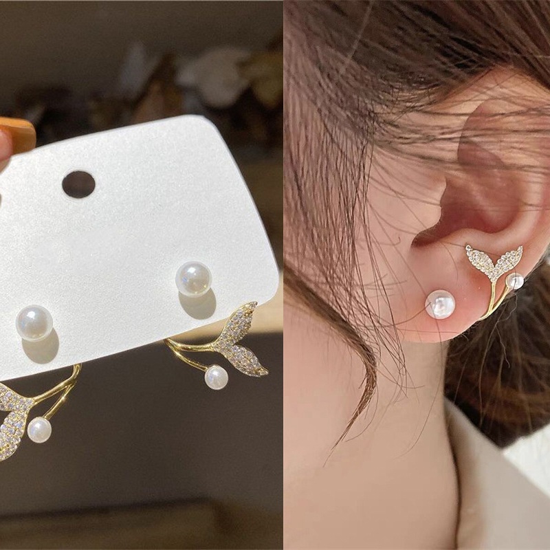 Brincos de pérola com zircônia e design de cauda de peixe, estilo coreano, luxo leve, para mulheres, moda, cristal, imitação de pérola, joias delicadas.