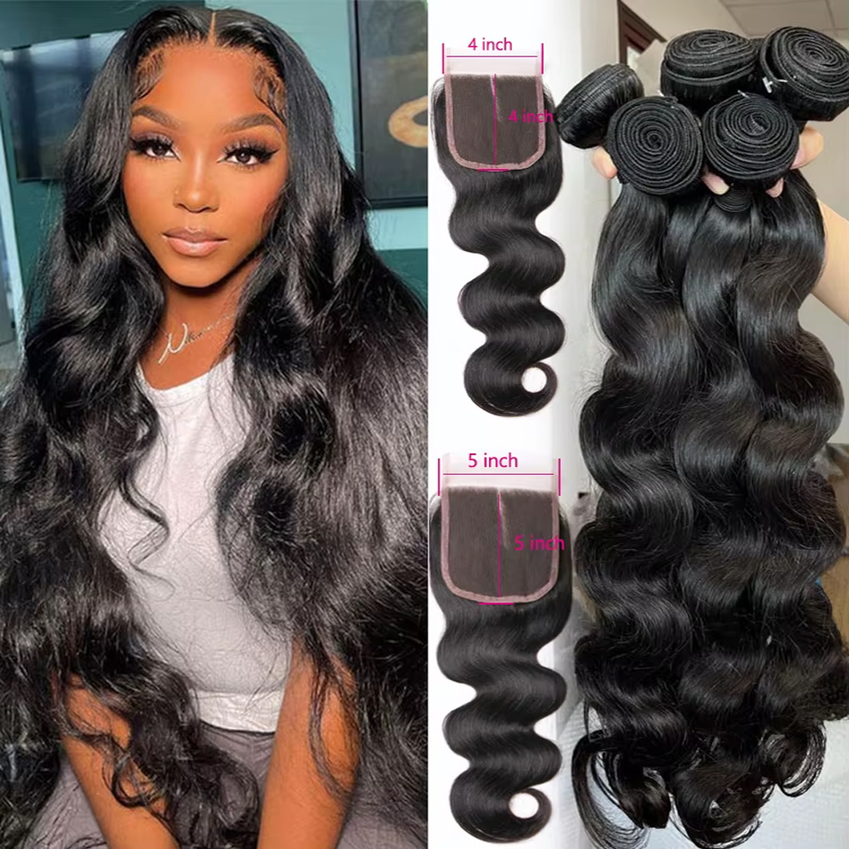Extensiones de Cabello Remy con cierre de encaje de onda corporal, paquetes de cabello 100% humano, 2x6, 4x4, 5x5, cierre transparente