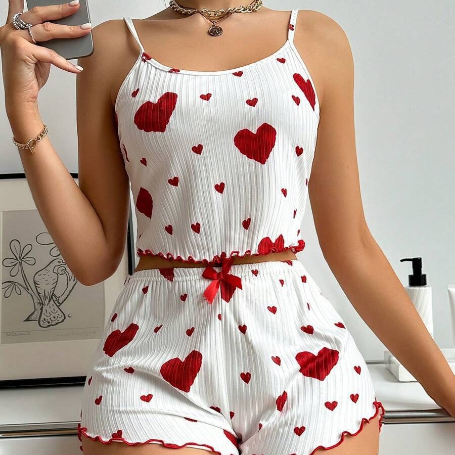 Ensemble pyjama 2 pièces imprimé cœur pour femmes, haut court sans manches et short, vêtements de nuit doux et confortables pour vêtements de nuit d'été