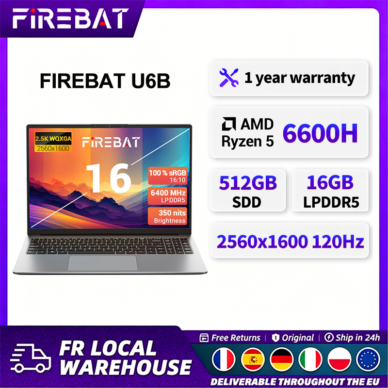 Il laptop FIREBAT U6B da 16 pollici è dotato di un processore AMD Ryzen 5 6600H, memoria LPDDR5, 16 GB di RAM, SSD M.2 da 512 GB, WiFi 6, Bluetooth 5.2, schermo da 16 pollici 2.5K 120Hz e sistema operativo Windows 11.