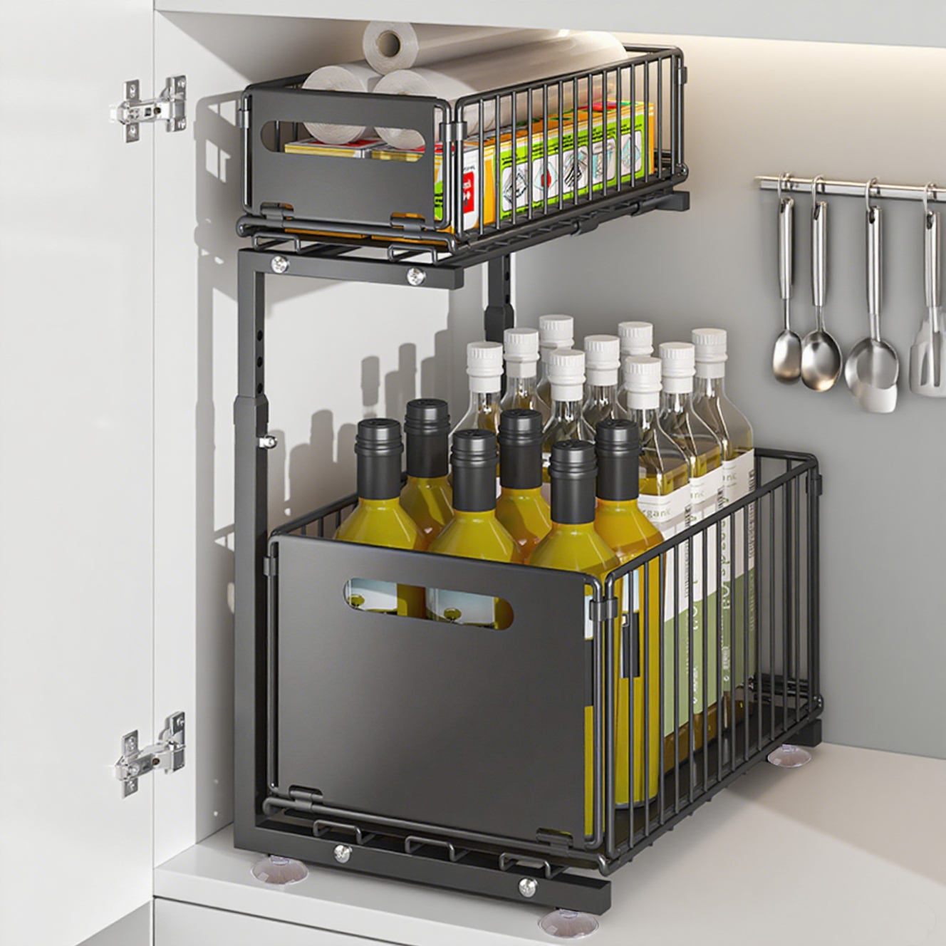 Cajón deslizante de 2 niveles debajo del fregadero, estante de almacenamiento de cocina ajustable, organizador de gabinete extraíble, estante de almacenamiento para tarros de especias