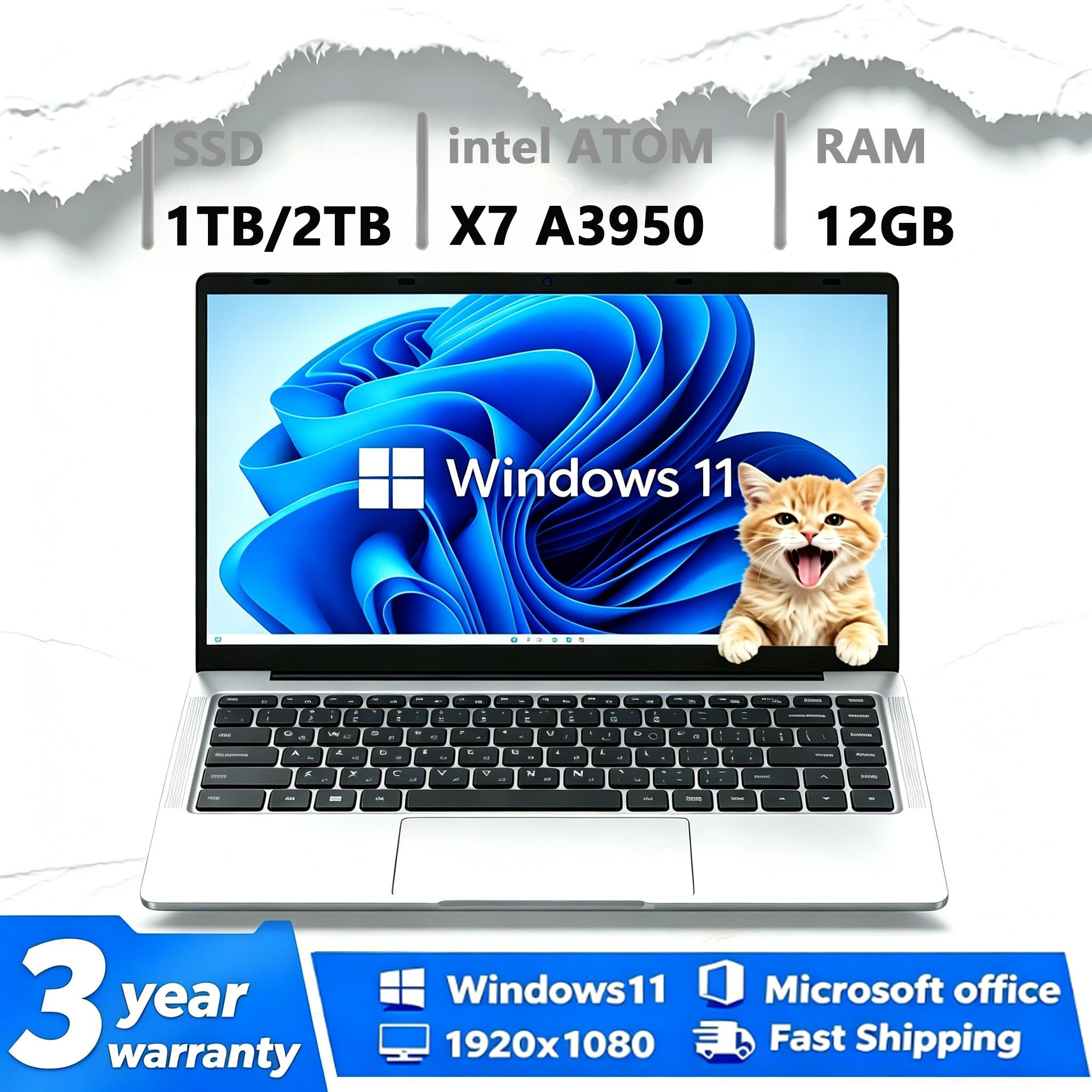 Nouvel Ordinateur Portable 2026 Windows 11 Intel Atom x7 A3950 PC Portable Gamer 12 Go RAM 512 Go 1 To SSD 1920*1080 Ordinateur de Bureau