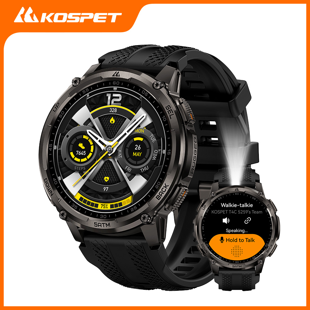 Smartwatch KOSPET TANK T4C z dwuzakresowym GPS dla mężczyzn, certyfikat MIL-STD, wytrzymała obudowa, wbudowana latarka i wodoodporność do 50M.