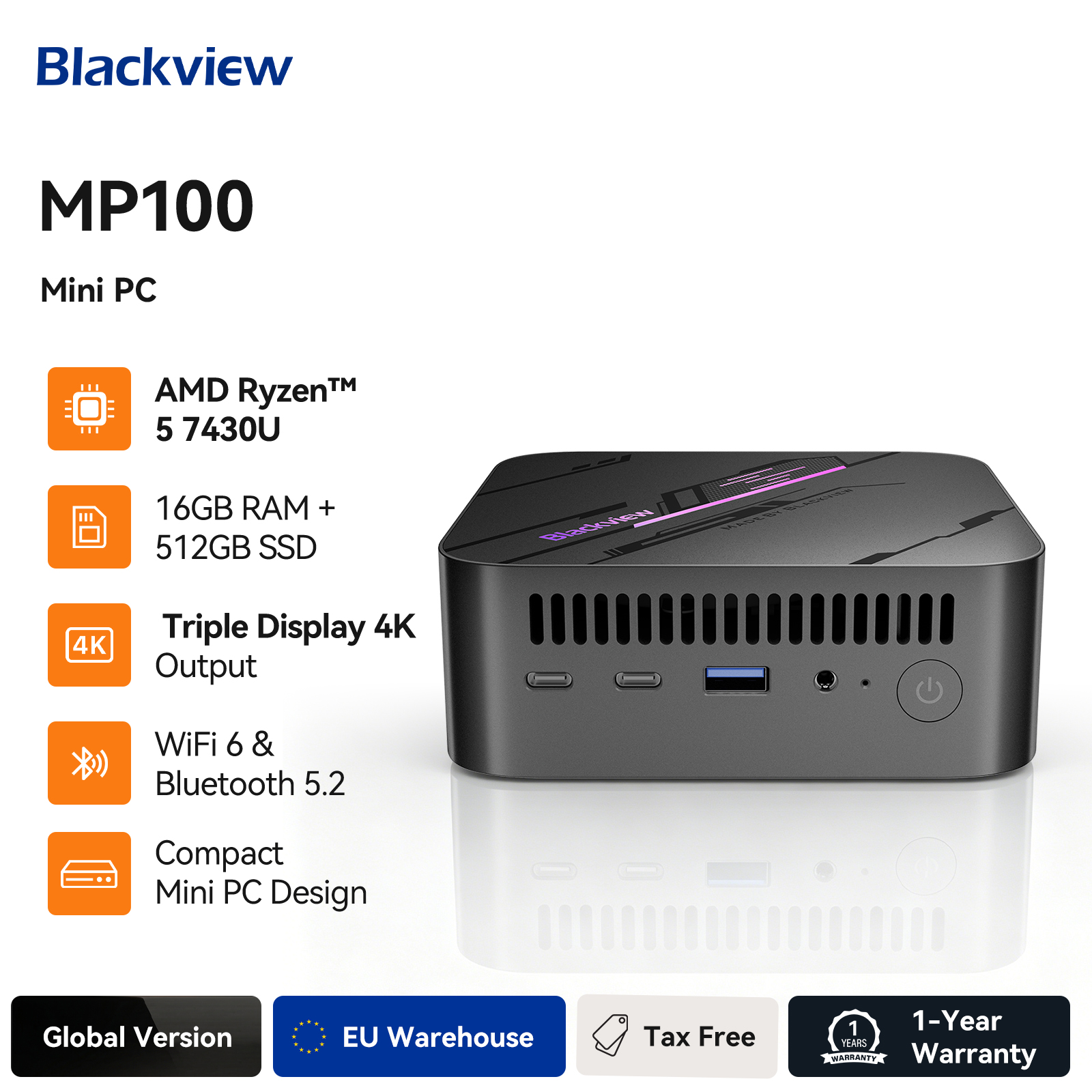 Blackview MP100 Mini PC AMD Ryzen 5 7430U 16GB RAM 512GB SSD, Mini Komputer z WiFi 6/BT 5.2/4K Triple Display Nowy