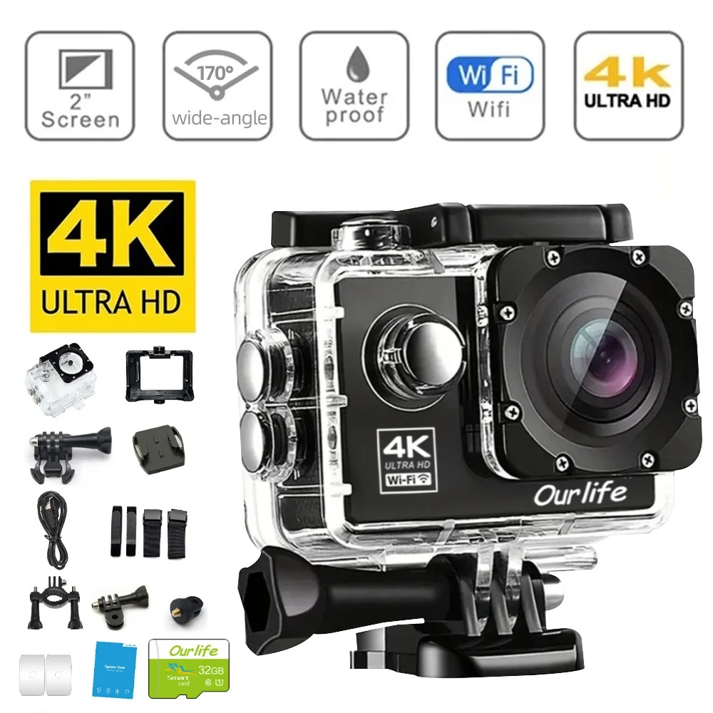 Cámara Deportiva 4K WiFi para Esquí al Aire Libre, Grabación de Video 4K/30FPS, 2.0\" 170D, Sumergible, Resistente al Agua, para Casco