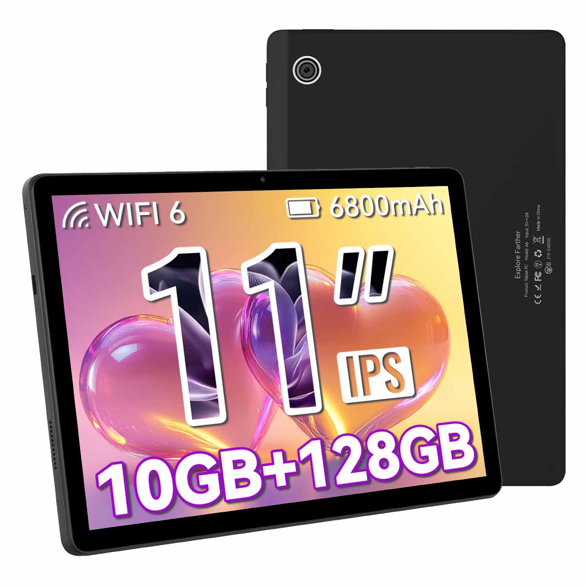 Tablet URAO 10.95 cala z Androidem 14, procesor Octa-Core, 10 GB RAM (4 GB + 6 GB z możliwością rozbudowy), 128 GB ROM, ekran LCD HD 800x1280, bateria 6800 mAh, odblokowywanie twarzą, kamery 5 MP + 8 MP, WiFi, szybkie ładowanie Type-C, obsługa kart TF do 