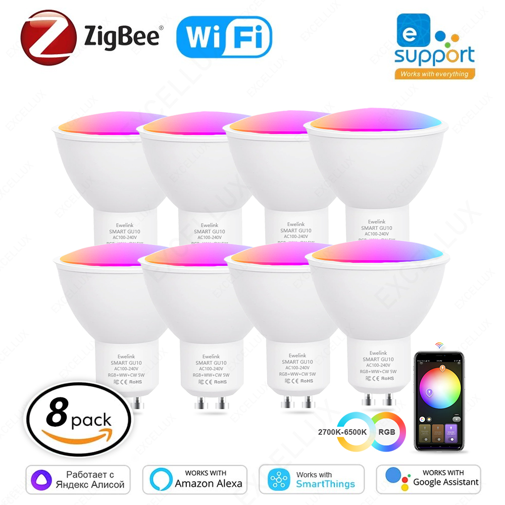 8 Stück EWelink GU10 Zigbee LED-Lampen WiFi Smart LED-Lampe RGB CW WW LED-Glühbirne funktioniert mit Alexa Voice Google Yandex SmartThings