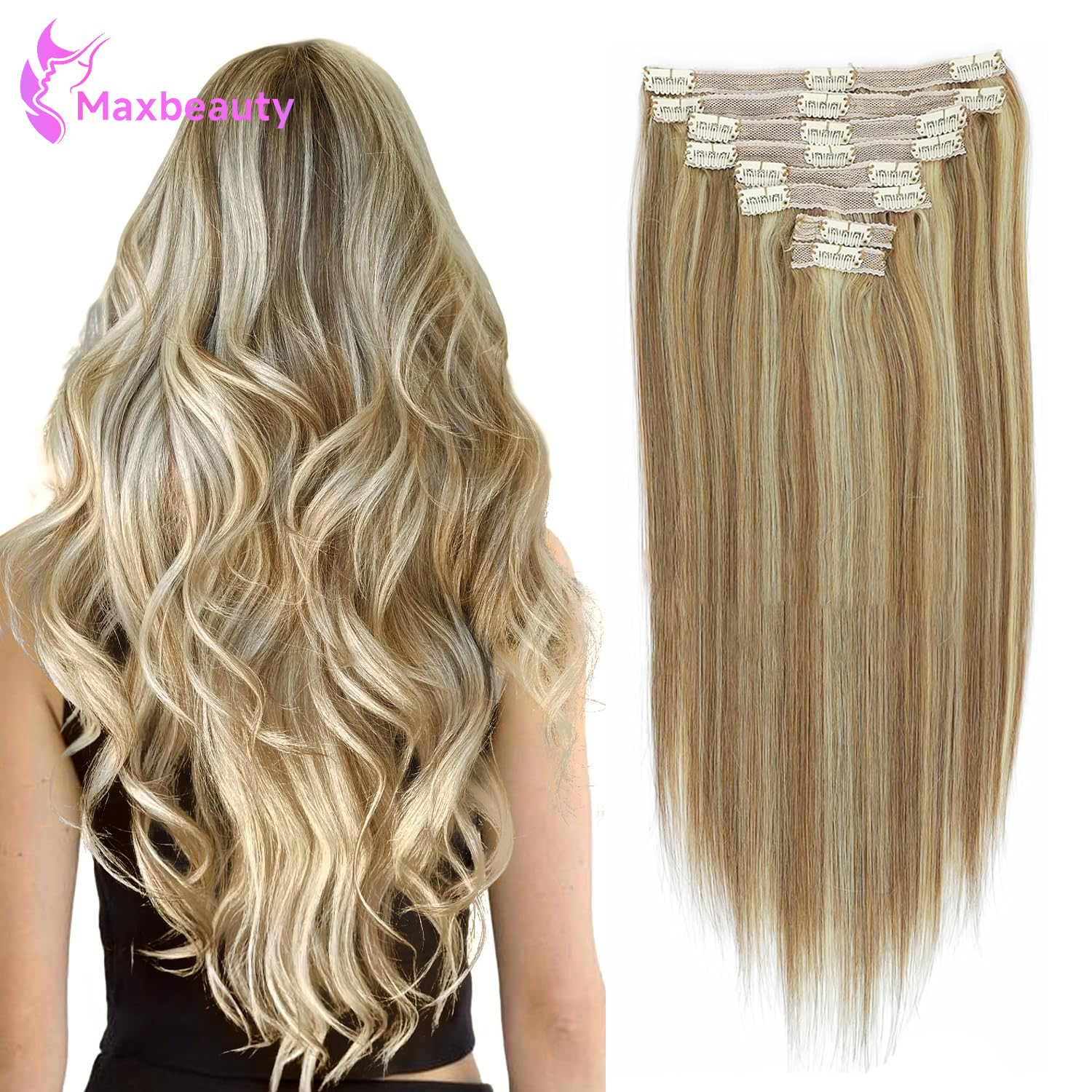 Extensões de Cabelo Clip-in Remy, Cabelo Humano Natural Cor P8/613, 14-26 Polegadas, 120G, 8 Peças