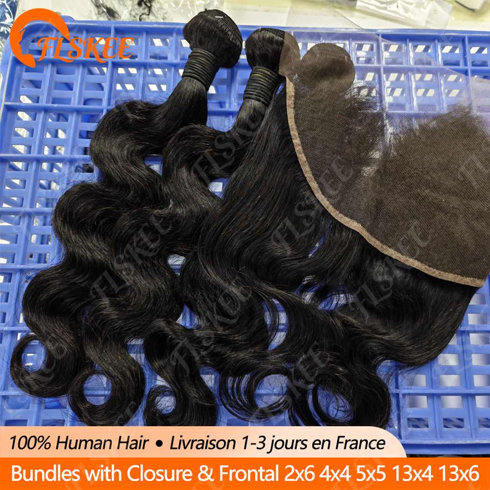 Наборы бразильских волос FLSKEE Body Wave из 100% натуральных человеческих волос с фронтальной частью 13x6, 13x4 и кружевным закрытием 2x6, 4x4, 5x5 для наращивания