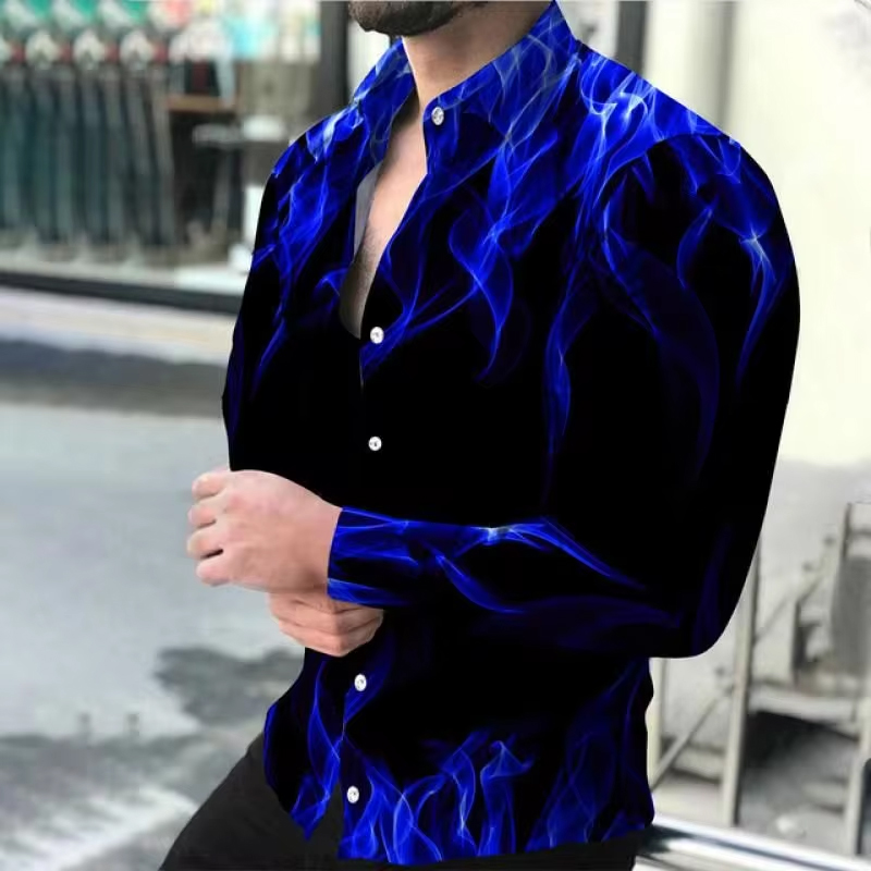 Nuevas camisas de moda para hombre, camisa abotonada con cuello vuelto, camisetas informales de manga larga con estampado de llamas para primavera y otoño, ropa para hombre