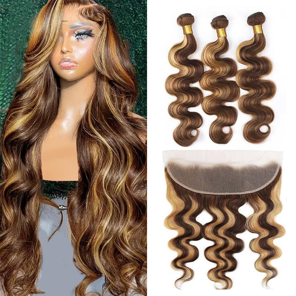 Extensiones de Cabello Humano Remy Brasileño con Ondas Corporales P4/27, 3 Paquetes con Frontal, Cabello con Reflejos, 2/3/4 Paquetes con Frontal de Encaje 13x4