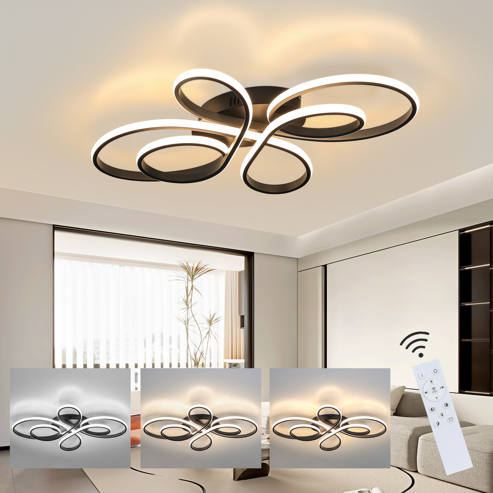 Modernes Schwarze LED Deckenleuchte 66/80/100cm 65/78/90W Schmetterlingsdesign Dimmbar 3000K-6000K Fernbedienung Hohe Helligkeit Blendfrei Augenfreundlich Aluminium Wohnzimmer Schlafzimmer