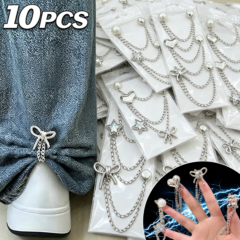 10pcs Multi-Function Magnetic Clothing Clips with Chain Metal Tassel Buttons Clip Roll Up Pants Alloy Change Shorts Trouser Legs