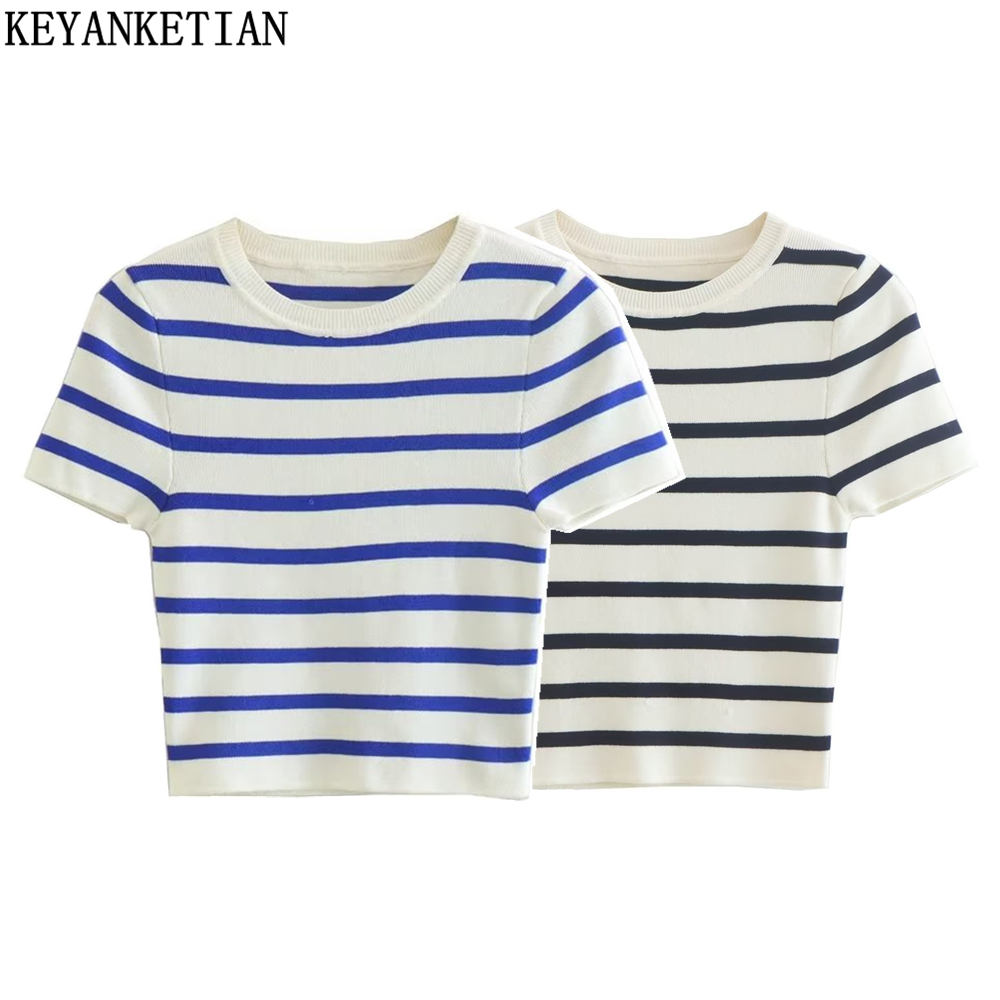 Keyanketian feminino em torno do pescoço de manga curta malha listrado camisa verão novo estilo britânico apertado curto moda pulôver topo