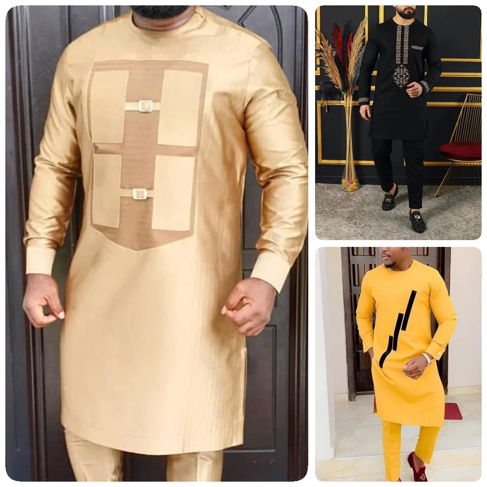 2025 Traje elegante de manga larga para hombre, camisa, pantalones, 2 piezas, cuello redondo, costura, Color sólido, fiesta, manga larga, estilo étnico africano