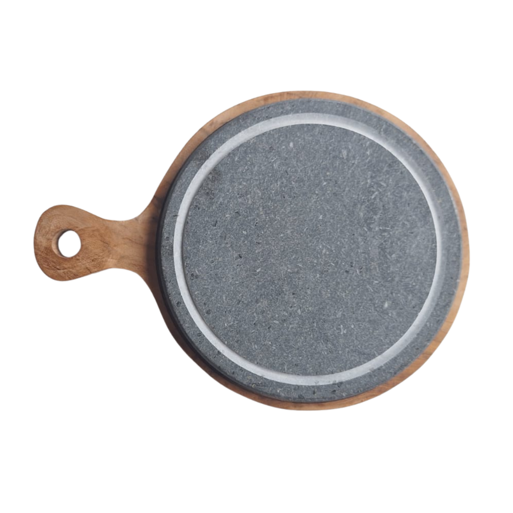 🪨 Placa redonda de pedra de lava com base de madeira-Ø 23 cm-Serve peixe quente e carne-efeito de pedra quente-Artesanato fabricado na Itália |   Criações Kalu