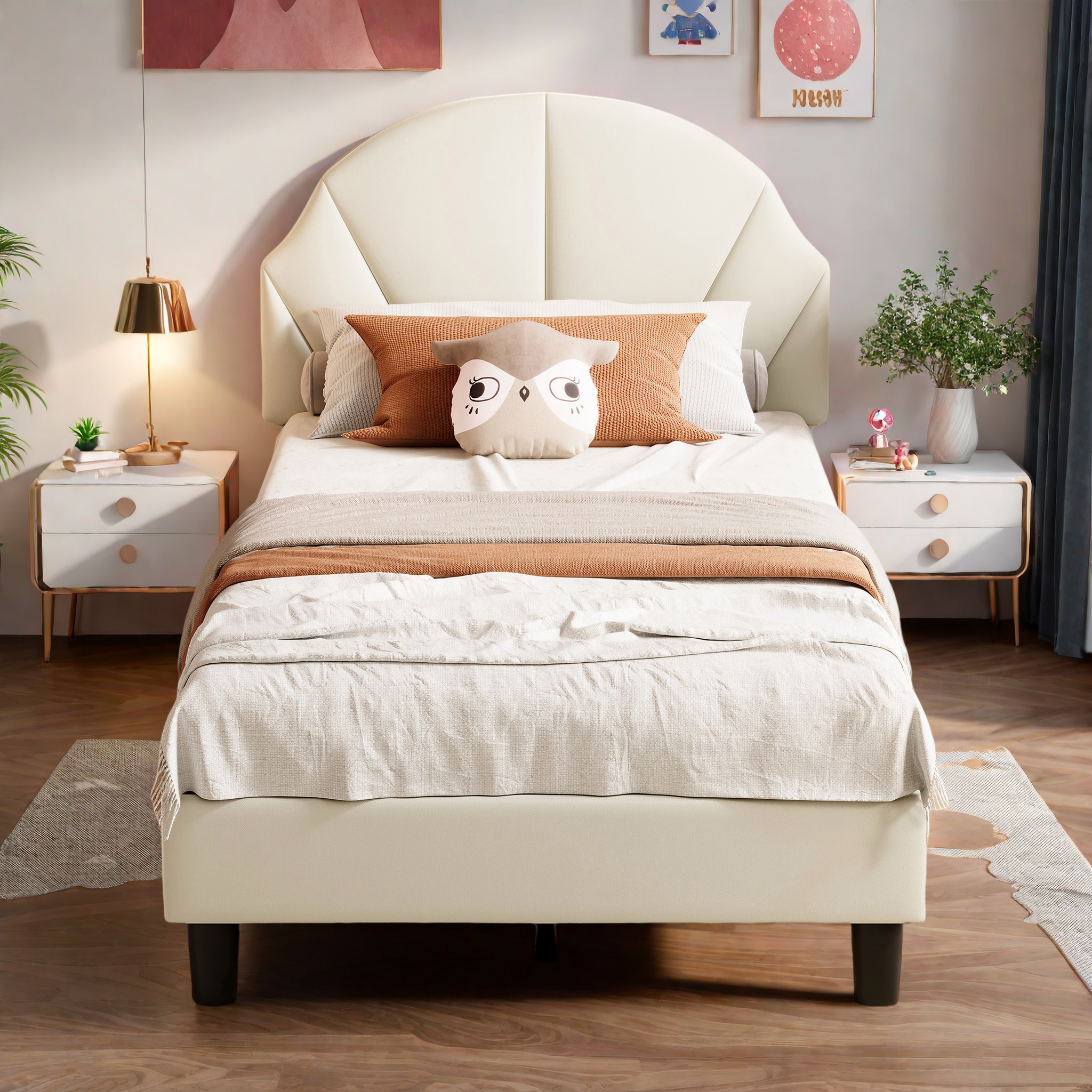 Polsterbett 90x200cm, Kinderbett für Mädchen, Mädchenbett mit Verstellbares Kopfteil, Prinzessin Bett mit Lattenrost, Einzelbett Jugendbett Bettgestell, Samtstoff, Beige/Rosa