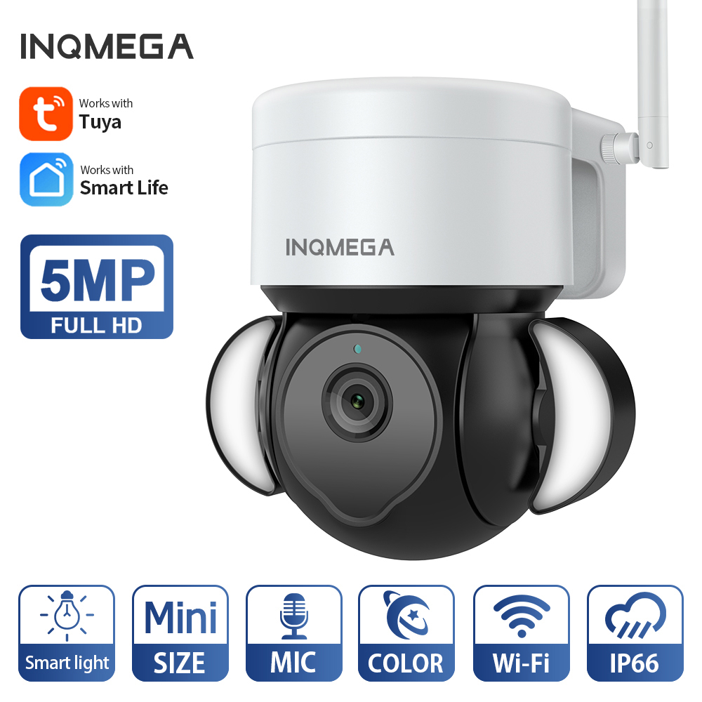 Câmera IP INQMEGA-TUYA PTZ, Câmera de vigilância por vídeo, 5MP, Wi-Fi, luz alimentar ao ar livre, Google Home, Alexa, Yard Smart Cloud
