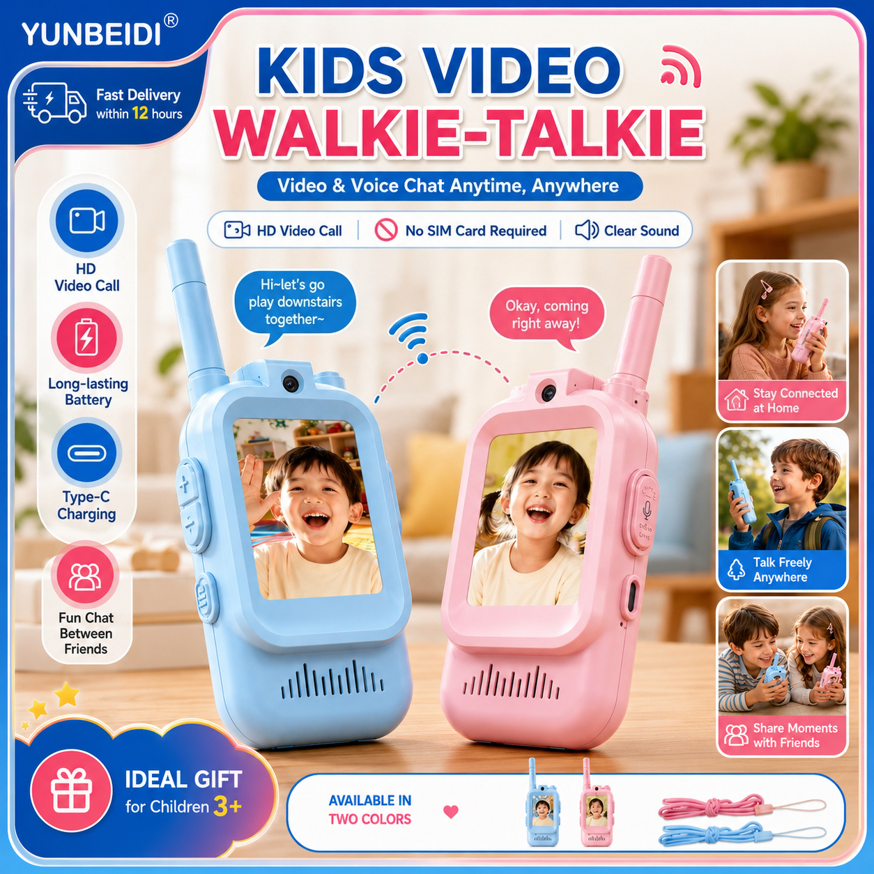 2 Walkie Talkies de Video para Niños, Carga USB, Intercomunicador de Alta Definición para Interiores y Exteriores, Juguetes para Niños, Regalos de Cumpleaños, Edades 3-12
