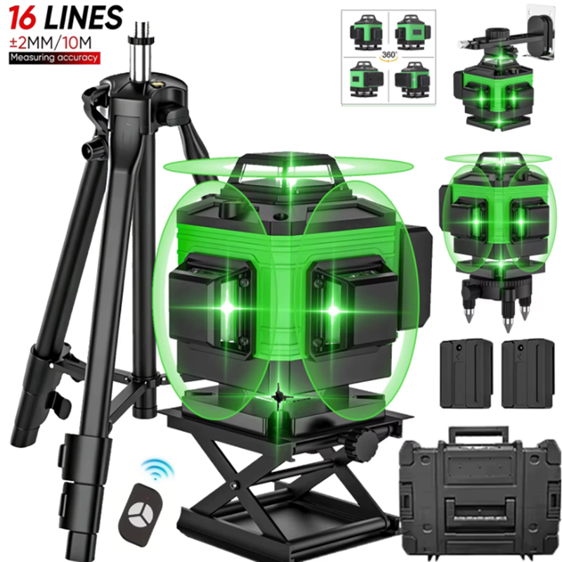 Niveau laser 4D à 16 lignes, ligne verte, avec trépied, auto-nivelant 360° °   Niveau laser horizontal et vertical, outils de construction professionnels avec 2 batteries