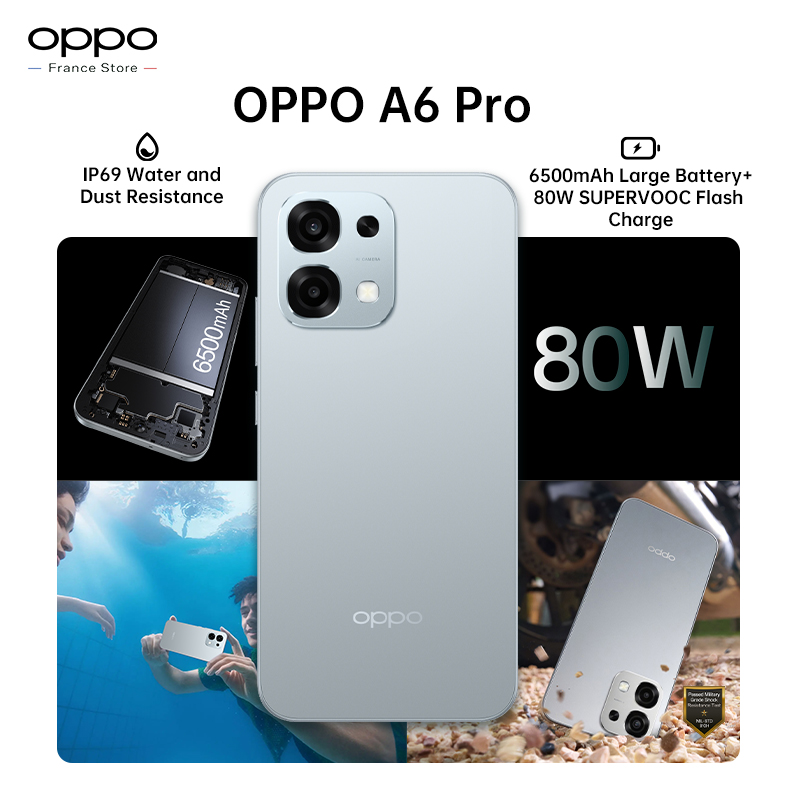 Versione UE OPPO A6 Pro 5G Smartphone 8GB+256GB, 6500mAh, MTK Dimensity 6300, AMOLED, Fotocamera Principale AI da 50MP, IP69