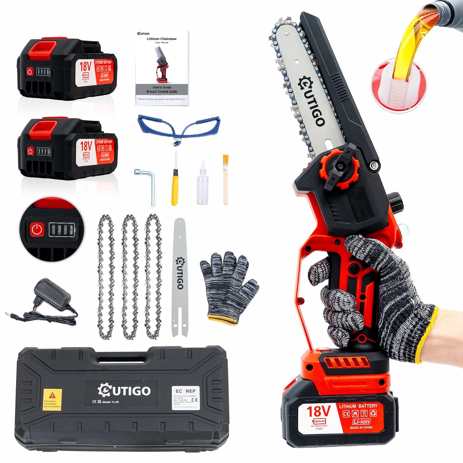 Outigo Mini Kettingzaag Met Accu, 6 Inch Elektrische Kettingzaag 2 Batterijen 3000Mah, Kettingzaag 3 Kettingen + 1 Kettinggeleidestang, Mini Draadloze Elektrische Kettingzaag