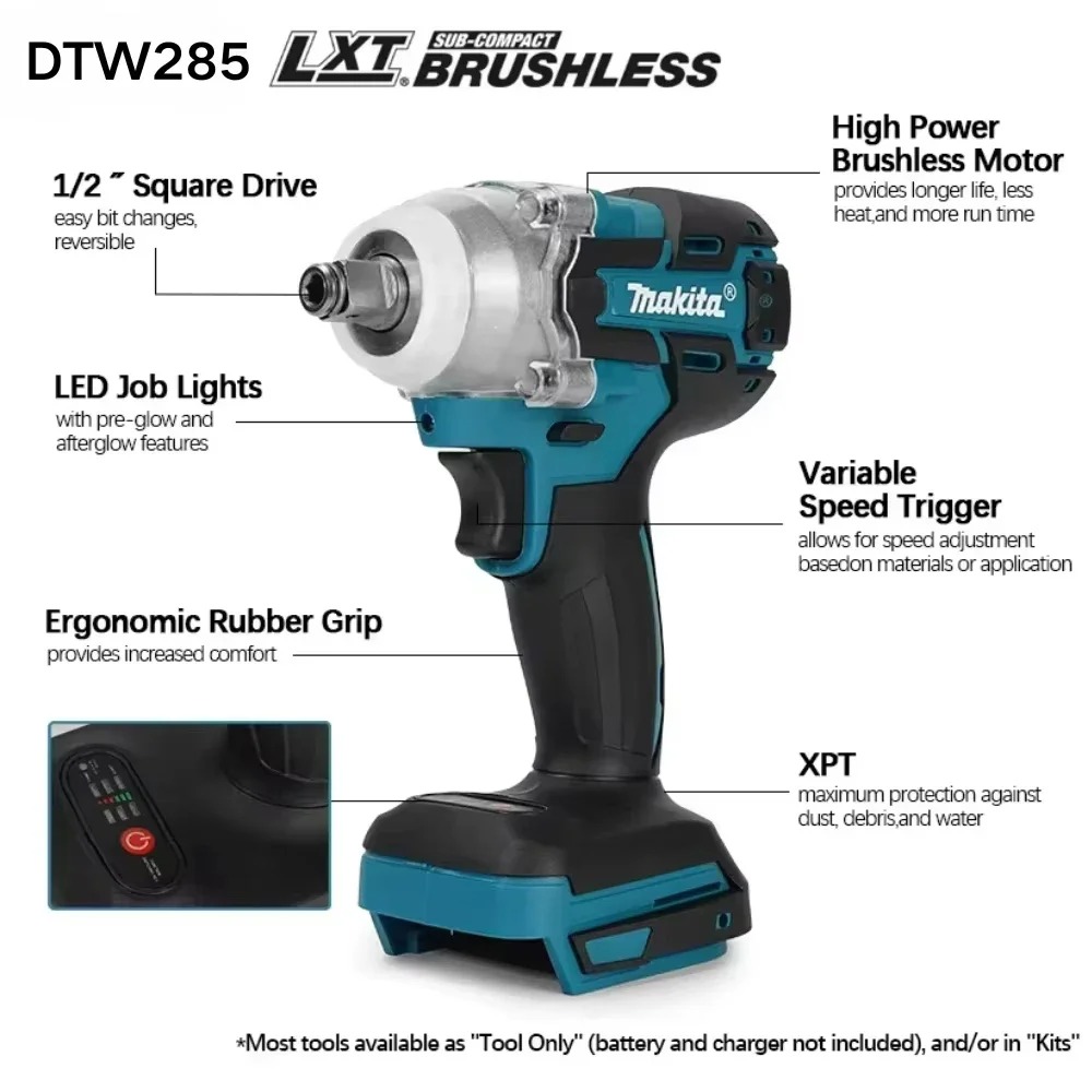 Makita DTW285 18V Bezszczotkowy Wkrętak Elektryczny 280N.m 1/2\\\\\\\" Uchwyt na Nasadki Akumulatorowa Wiertarko-Wkrętarka Kompatybilna z Akumulatorami Makita 18V