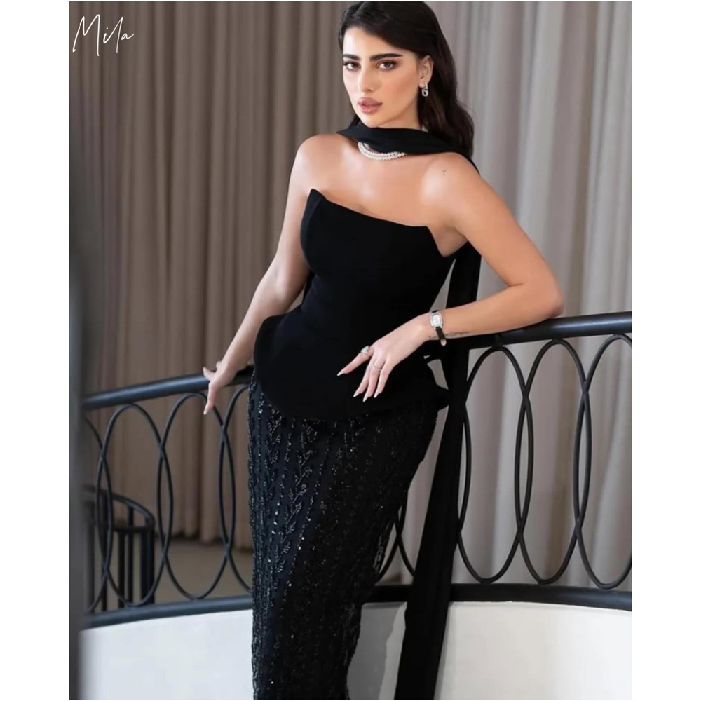 Mila negro sin tirantes trompeta vestidos de fiesta personalizados chal desmontable lentejuelas brillantes vestidos de fiesta hasta el tobillo vestidos de noche