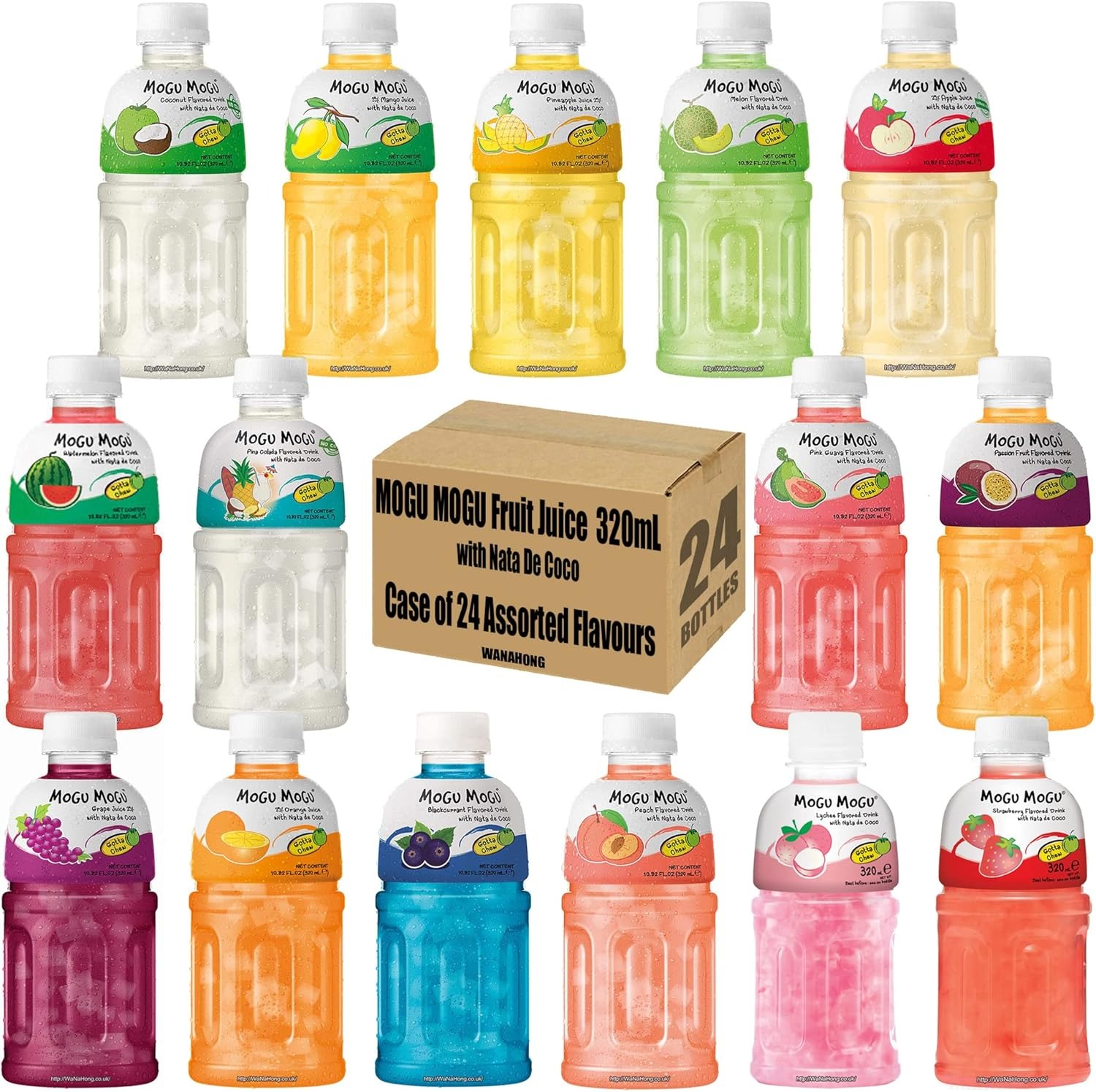 Pack 24 Botellas Mogu Mogu 320ml Bebida con Nata de Coco Masticable, Sabores Surtidos Aleatorios (Coco, Melón, Fresa, Piña, Mango, Lychee, Blackcurrant), Refresco Tropical Asiático, Bebida Viral, Lote Ahorro Familiar, Regalo Original