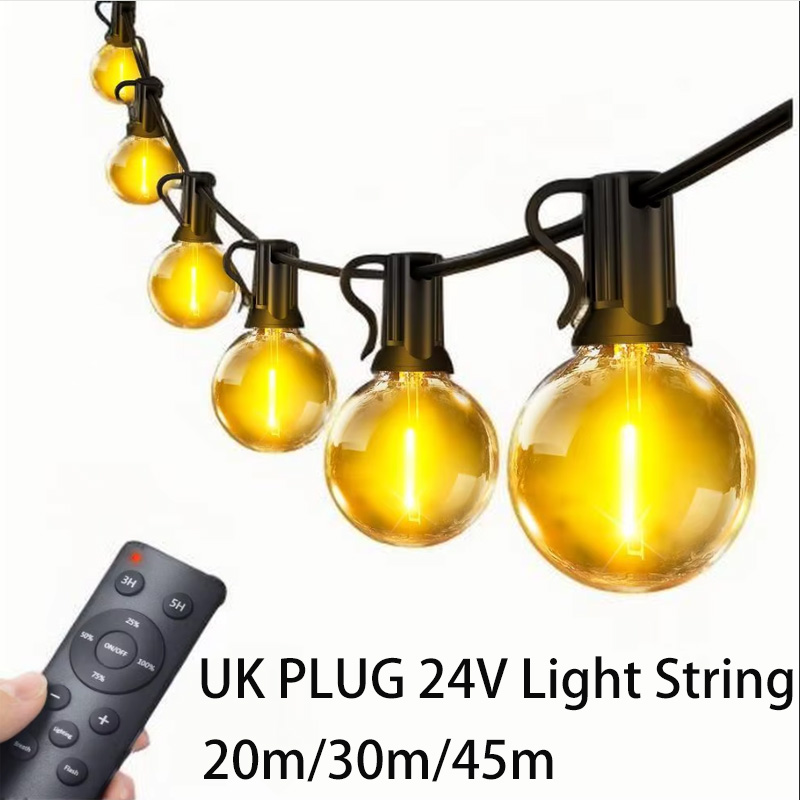 Guirlandes lumineuses G40 pour extérieur, 24V, lumières de patio, incassables, 45M, 20M, 30M, télécommande pour le camping, les mariages, les décorations de fête