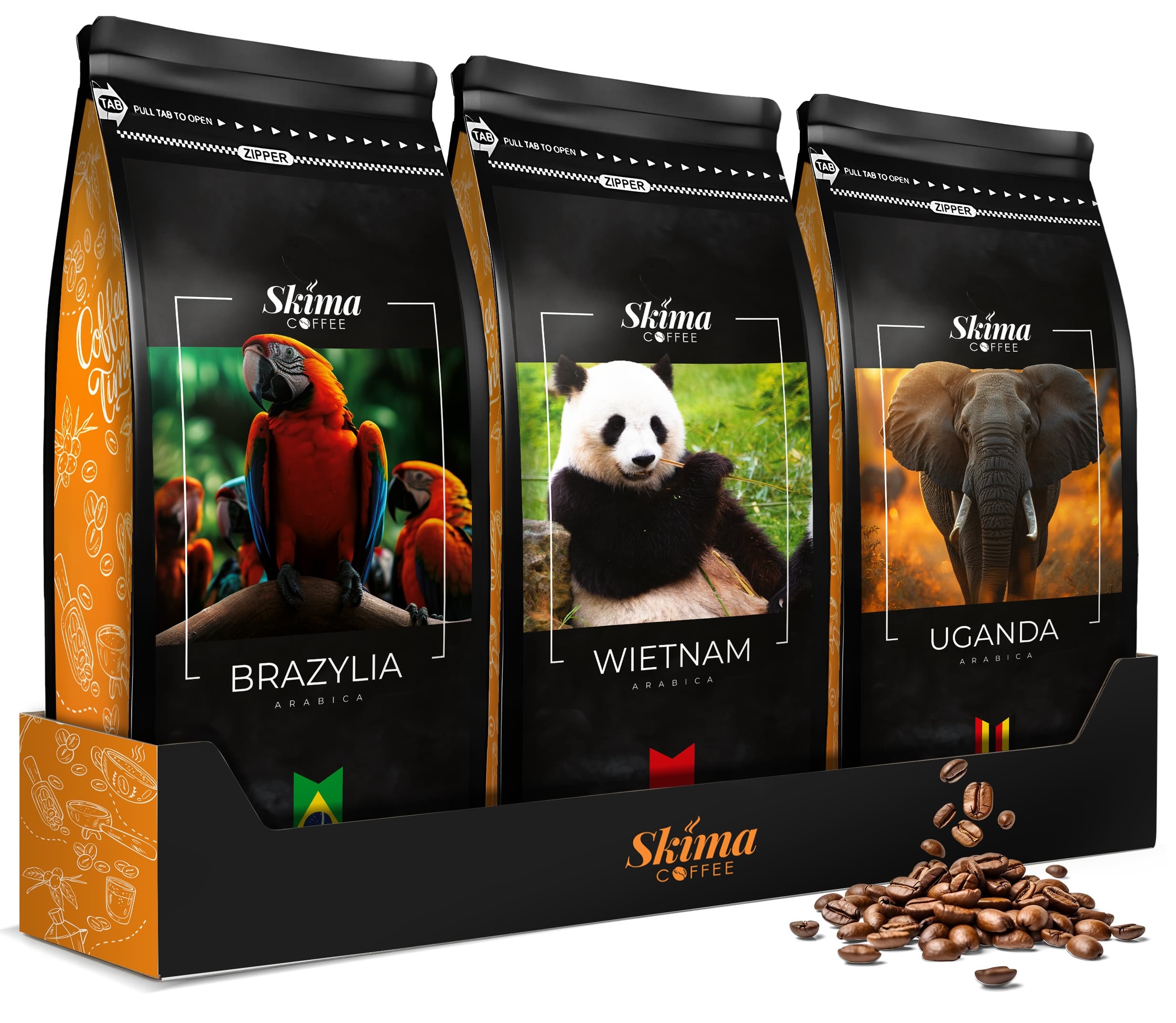 Ganze Kaffeebohnen 3x1kg BRASILIEN/VIETNAM/UGANDA 100% ARABICA Frisch + KOSTENLOSES Geschenk