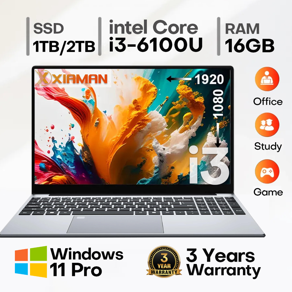 Computer portatile Xiaman 15.6" con Intel Core i3 6100U, Windows 11 Pro, 16GB di RAM, SSD da 512GB/1TB, notebook portatile per ufficio e studio.