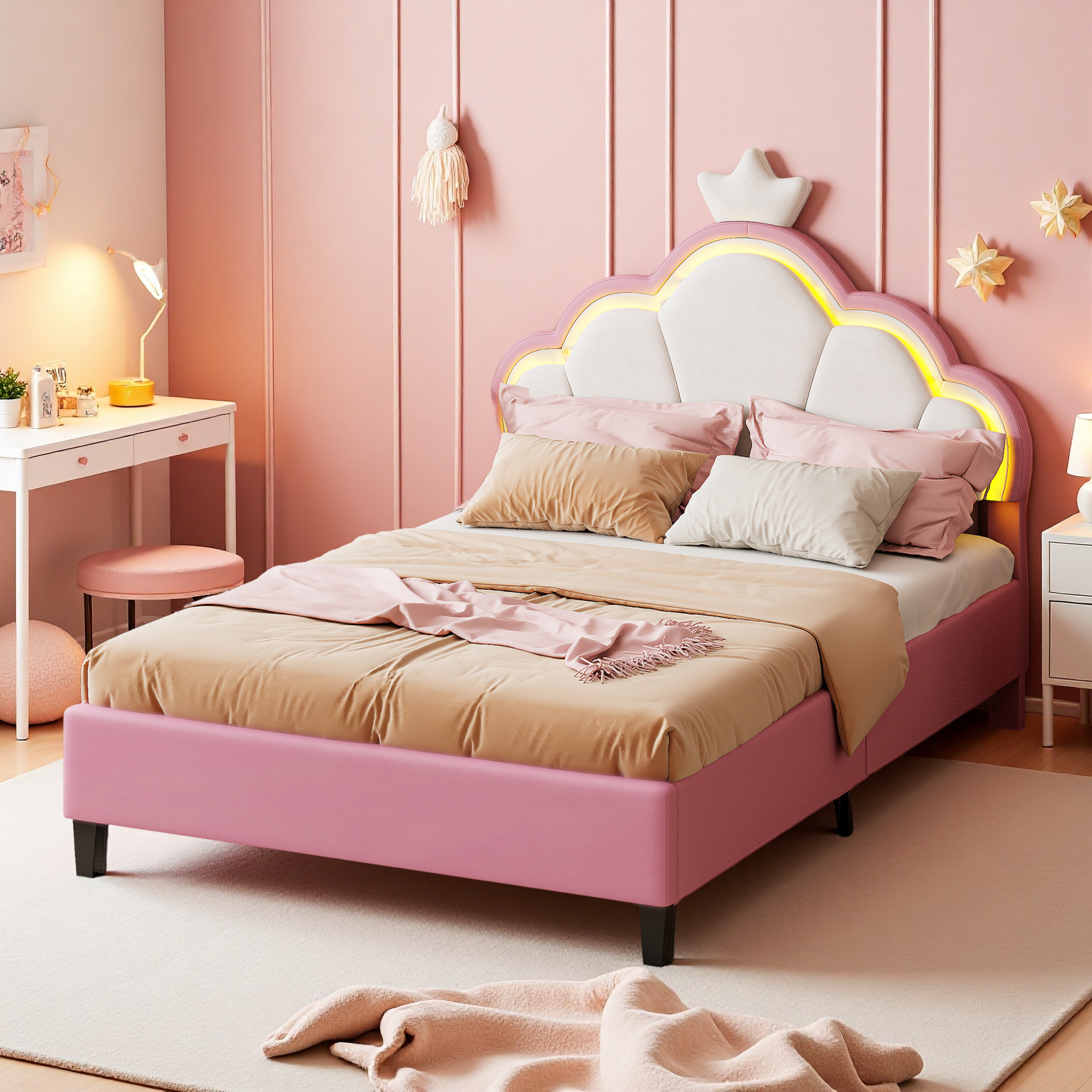 Lit enfant 90/140x200 cm, Lit simple rembourré avec éclairage LED, tête de lit couronnes et sommier à lattes, en velours, rose