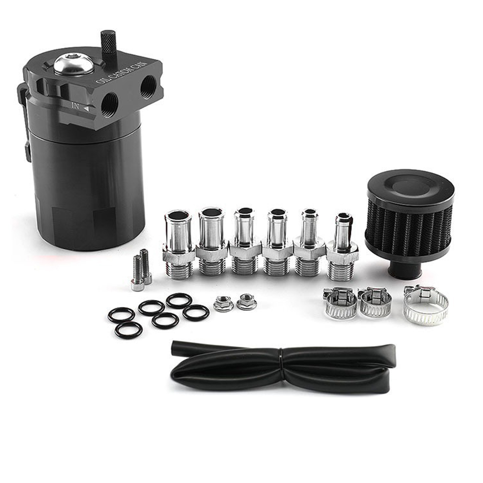 Decantador aceite coche, Universal oil catch can, recuperación de vapor de aceite de motor de aluminio de 300ml, con filtro de aire, manguera y otros accesorios (Negro)