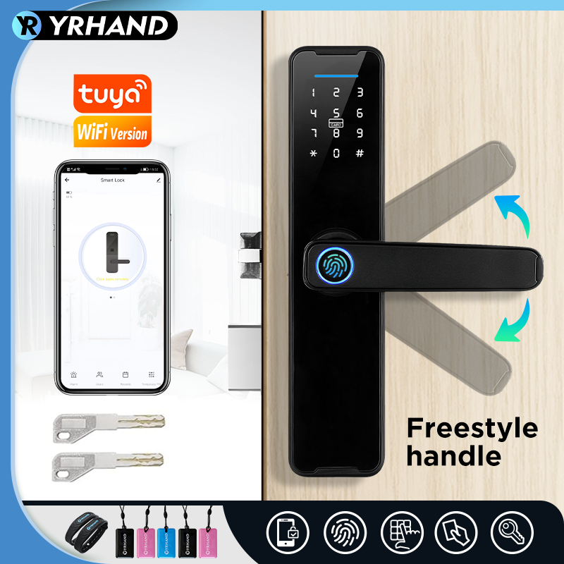 YRHAND K7 Cerradura Intelige Biometric Black Smart Lock Tuya App Déverrouillage à distance Serrure WiFi sans clé Serrure de porte électronique