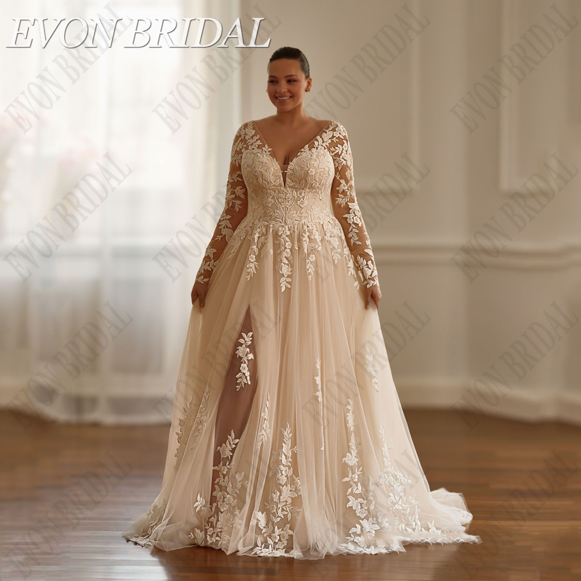 EVON BRIDAL Свадебные платья больших размеров с v-образным вырезом по индивидуальному заказу, длинные рукава, трапециевидной формы из тюля, Vestidos De Novia, длинные платья невесты с аппликациейEVON BRIDAL Свадебные п