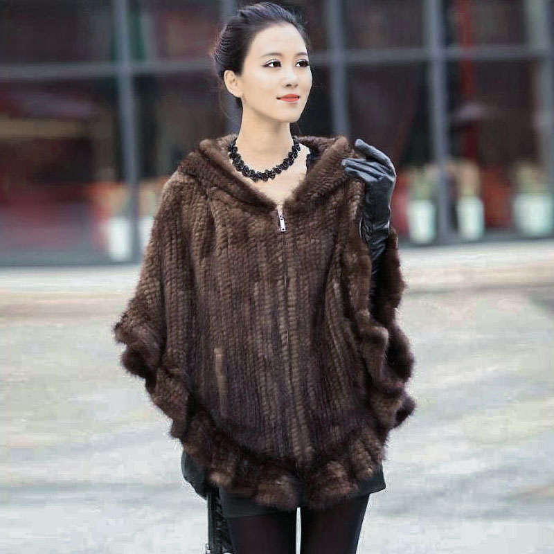 Chal de piel de visón Real para mujer, estola de punto con capucha, Poncho de visón, Pashmina, invierno, moda