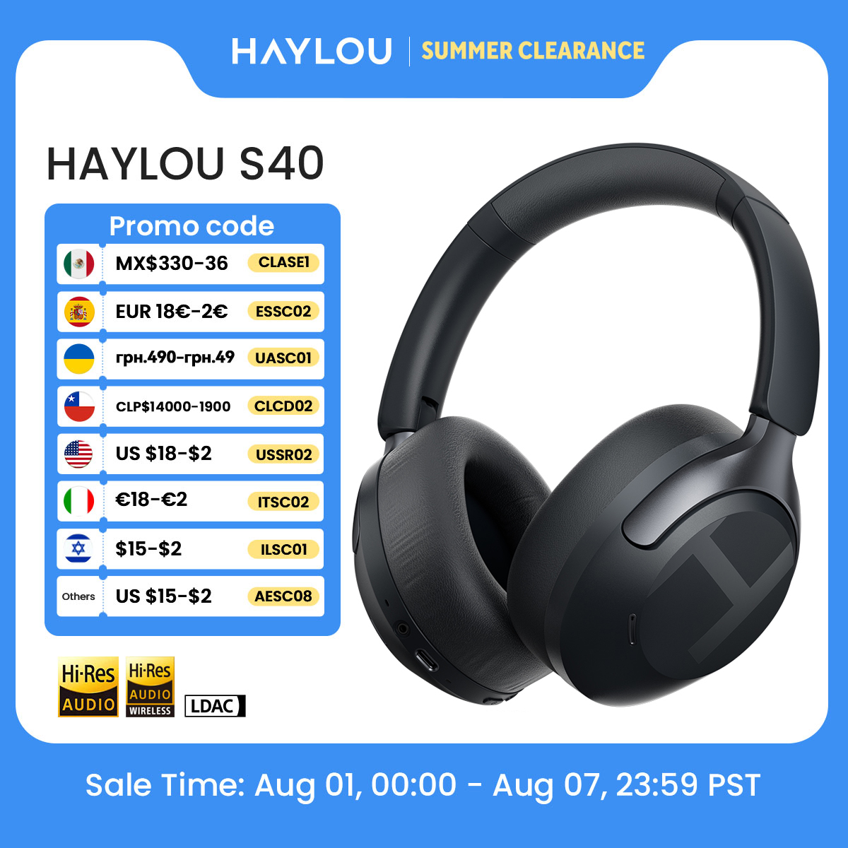 HAYLOU S40 ANC Wireless Headphone 50dB Noise Canceling Hi-Res 3D Spatial Audio Earphone with LDAC Bluetooth 6.0 Over Ear Headset