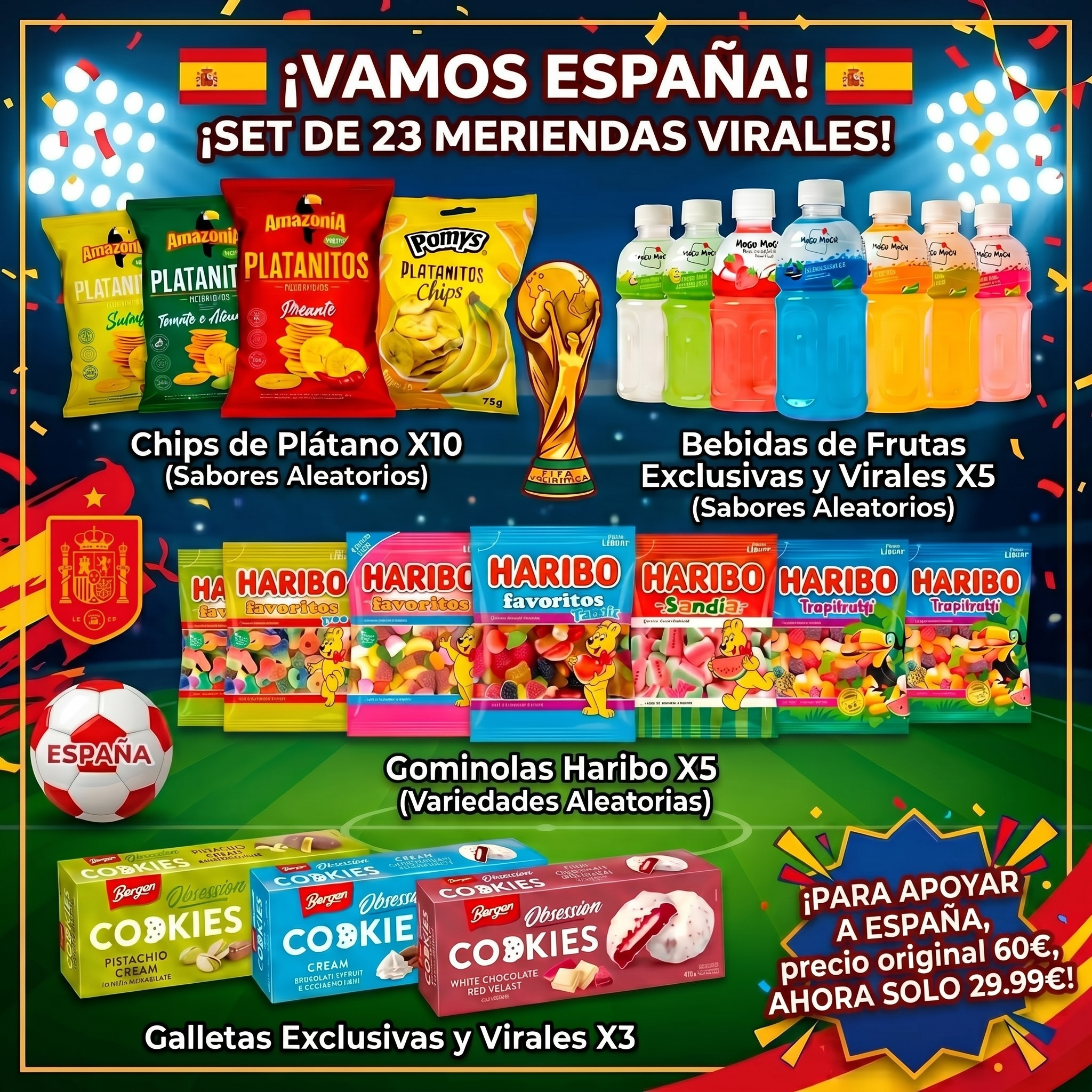 Meriendas de Fútbol Apoya a España 23 Piezas – Snack Box Viral, Gominolas Chips Plátano Bebidas Frutas Galletas, Party Pack Noche Cine Reuniones Deportivas